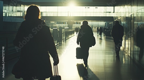 Silhouettes of three travelers walking in an airport terminal, with large glass windows showing a sunset in the background.