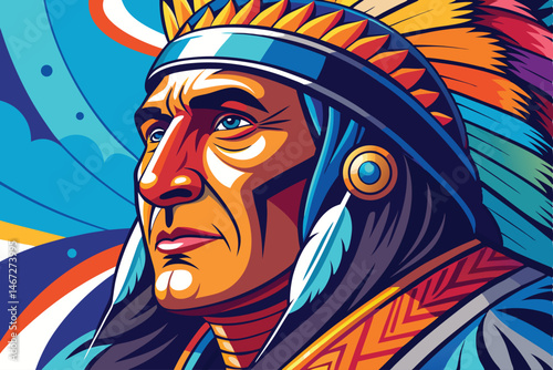 A colorful portrait of a Native American chief in a feathered headdress. His face is etched with wisdom and determination.
