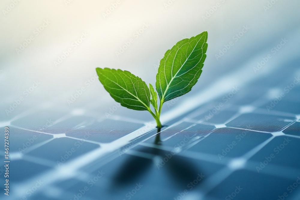 Sprout on solar panel representing eco-friendly power, renewable resources, and the future of sustainable environmental technology