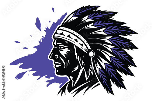 A colorful portrait of a Native American chief in a feathered headdress. His face is etched with wisdom and determination.