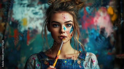 A young woman stands playfully in an art studio, with a paintbrush clenched between her lips and a cheeky pout.