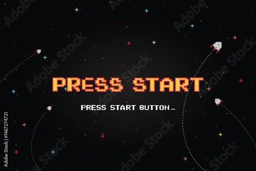 PRESS START INSERT A COIN TO CONTINUE. pixel art .8 bit game. retro game. for game assets. Retro Futurism Sci-Fi Background. glowing neon grid. and stars from vintage arcade computer games