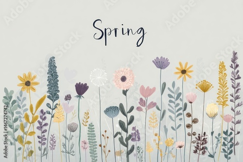 A botanical-themed design featuring hand-drawn flowers and plants in a variety of pastel colors with 'Spring' written in a simple elegant font across the top