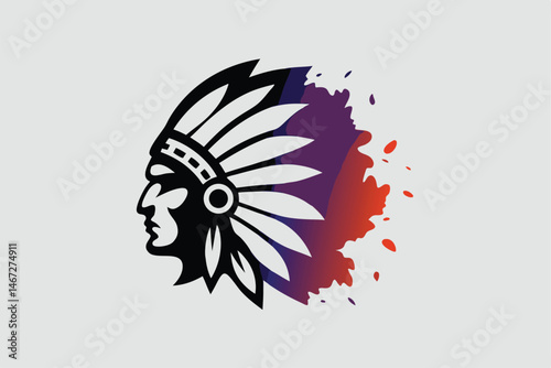 A colorful portrait of a Native American chief in a feathered headdress. His face is etched with wisdom and determination.