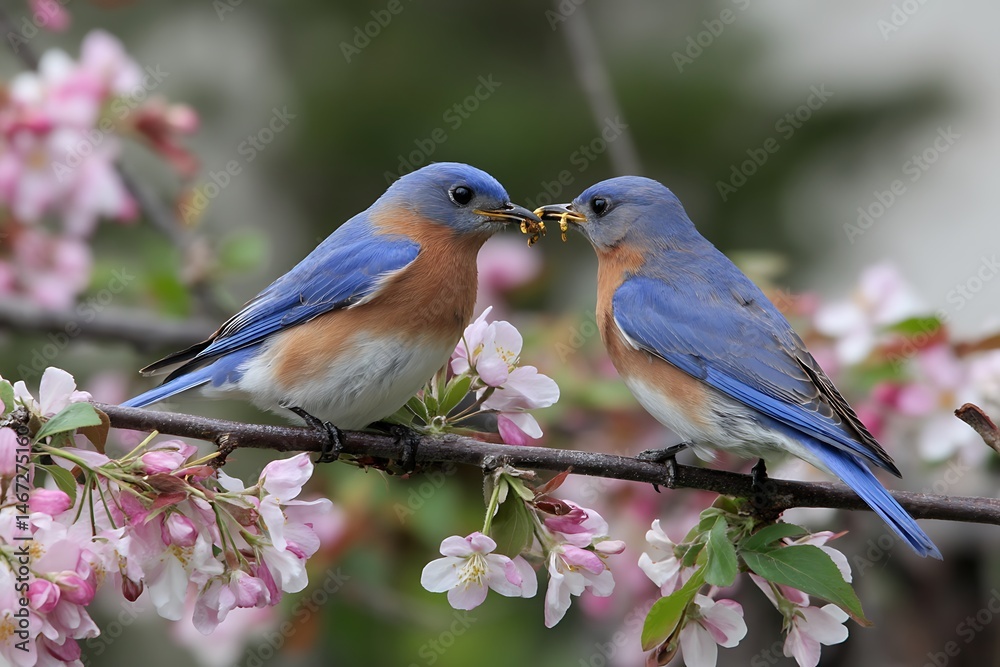 Obraz premium Azure bluebirds on branch with soft blooms radiance 