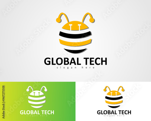 Global tech logo with cute bee concept which is recommended for company business icon design