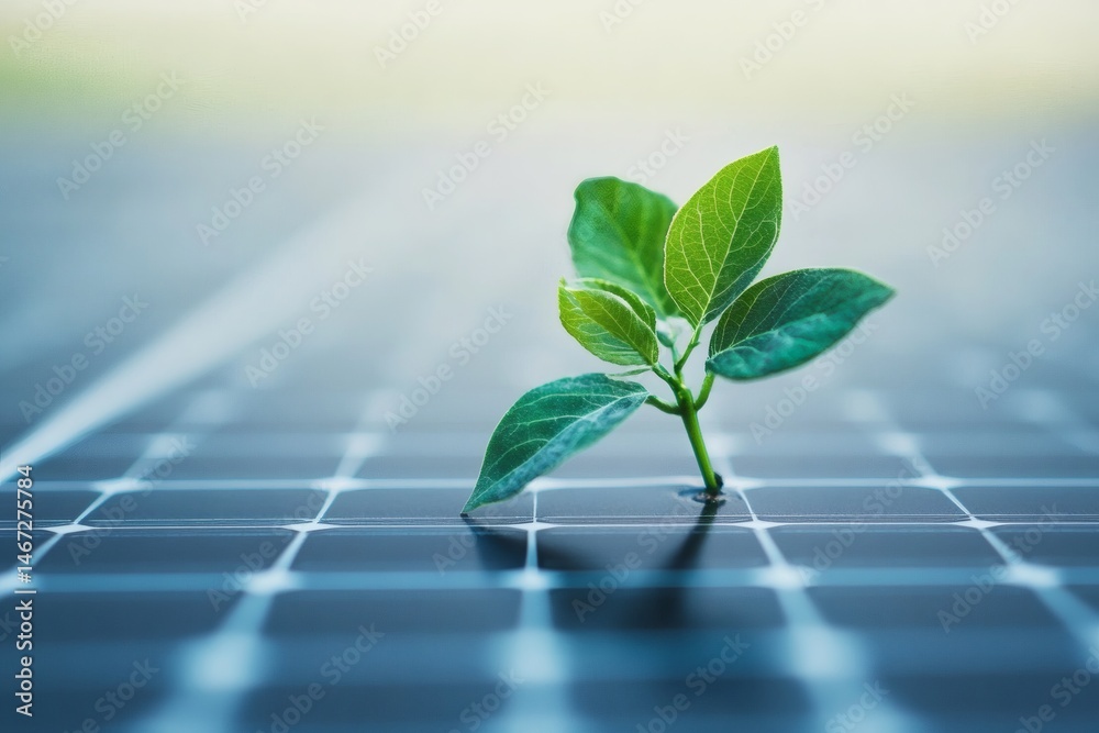 Sprout on solar panel representing eco-friendly power, renewable resources, and the future of sustainable environmental technology