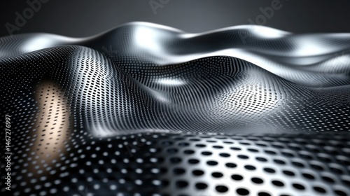 Abstract metallic wavy surface with perforated texture.  