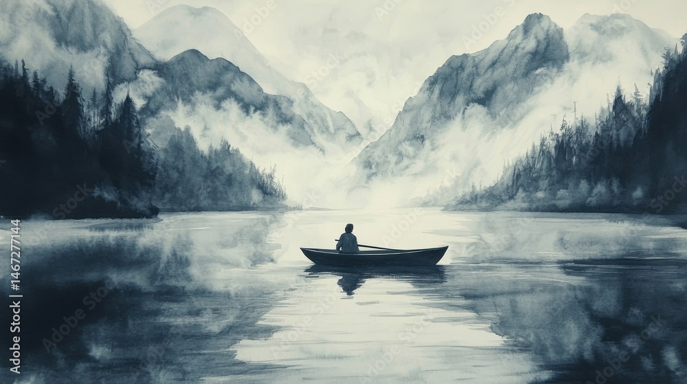 Fototapeta premium Hand-drawn Ink Painting of a Fisherman Rowing a Boat