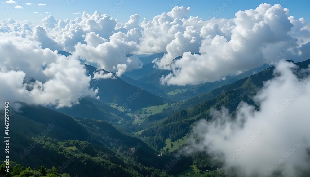 Fototapeta premium Mountain Valley View with Clouds and Green Hills