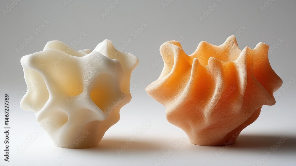 Abstract, organic ceramic-like sculptures in cream and coral. Intricate, sculpted forms with swirling, flowing textures Abstract, organic ceramic-like sculptures in cream and coral. Intricate, sculpted forms with swirling, flowing textures