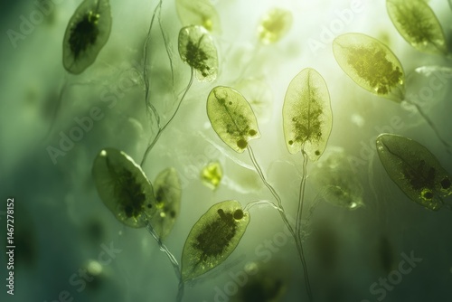 Microscopic life form reveals translucent, light-filled oval shapes, connected with the thin and translucent stems in a soft green environment.