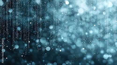 Abstract blue bokeh background with falling water drops, dreamy and tranquil atmosphere, blurred light effect