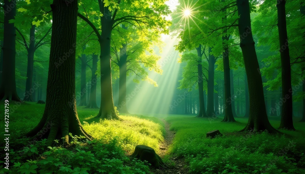 Fototapeta premium Lush green Estonian forest with sunbeams filtering through leaves , plants, nature, foliage