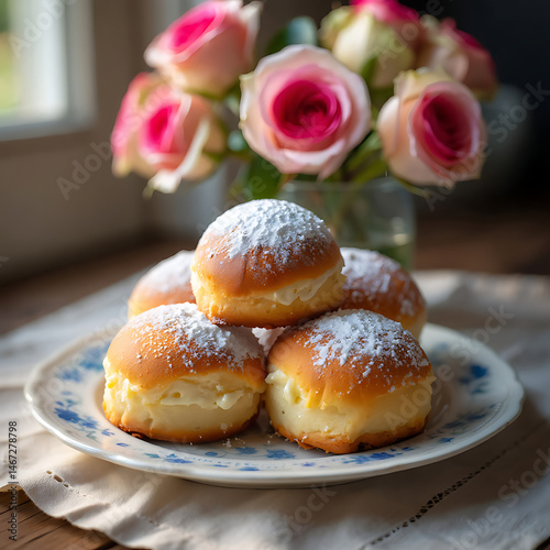 Sweet Delight: Powdered Sugar-Topped Pastries with a Bouquet of Roses in the Background