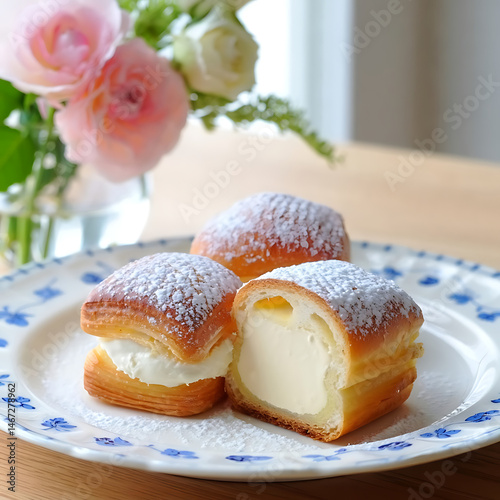 Sweet Delight: Powdered Sugar-Topped Pastries with a Bouquet of Roses in the Background