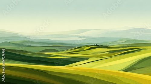 A clean bright spring landscape with rolling green hills and a calm clear sky The background transitions from pastel yellows to greens evoking the refreshing atmosphere of spring