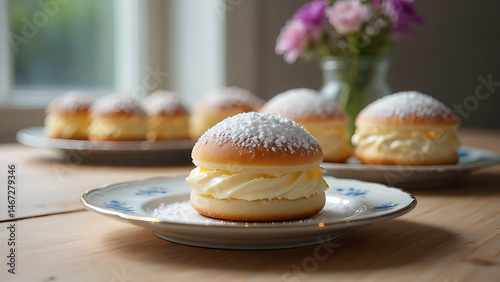 Sweet Delight: Powdered Sugar-Topped Pastries with a Bouquet of Roses in the Background