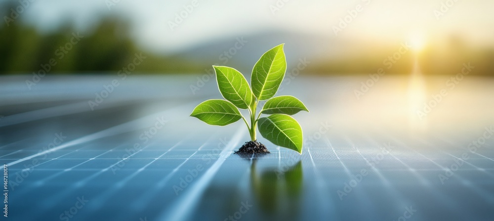 Sprout on solar panel representing eco-friendly power, renewable resources, and the future of sustainable environmental technology