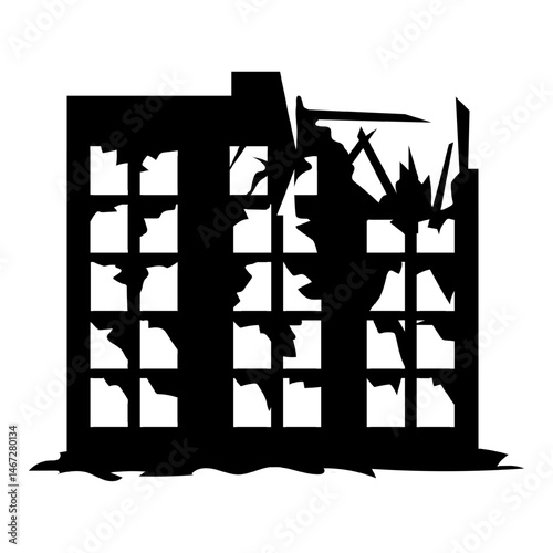 Vector silhouette of bombed or collapsed high-rise building viewed from side angles, affected by warfare or disaster, showing crumbling walls, debris, structural instability. Transparent background