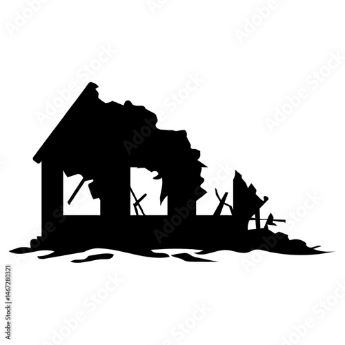 Destroyed house black silhouette isolated on white background. Collapsed homes, damaged structures, buildings, rubble. Post-war scene, natural catastrophe. Vector graphic illustration