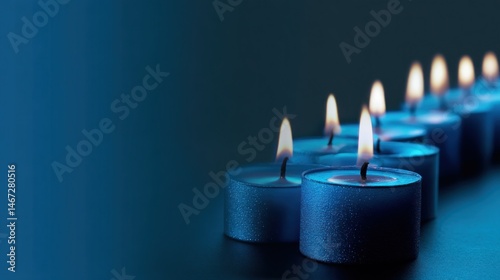 A clean modern design with blue candles arranged in a row softly flickering The background is a gradient of blue to black with 'Jewish American Heritage Month' written in white bold typography