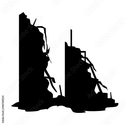 Vector silhouette of high-rise building destroyed by shelling or disaster. Tall structures with shattered walls, exposed frameworks, and debris, showing side views of extreme urban destruction.