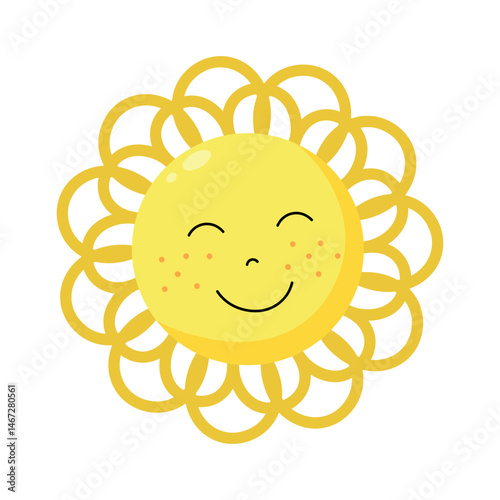 A cheerful sun character with a winking eye and a wide smile radiates happiness.