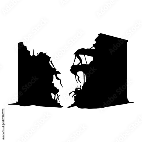 Silhouette of ruined wall fragments, debris pile black figures isolated on transparent background. Destroyed structure remnants. War aftermath, disaster zone element. Vector set for destruction scene