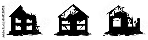 Set of single-family houses silhouettes with severe structural damage, roofs collapsed or missing, doors broken, representing post-war scenes, natural disaster, or urban attack aftermath.
