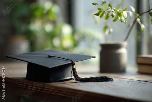 A close-up of a graduation cap on a table next to a diploma, with soft light and a small plant in the background