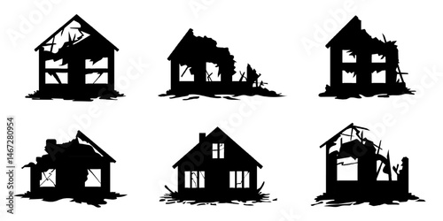 Set of silhouettes of damaged residential houses with missing roofs and broken walls, partially collapsed structures after airstrike, shelling, or earthquake. War or disaster aftermath scenes.