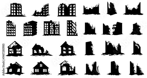 Set of various destroyed buildings and houses silhouettes on transparent background. Collapsed homes, ruined apartments, rubble structures damaged by war, shelling or natural catastrophe aftermath