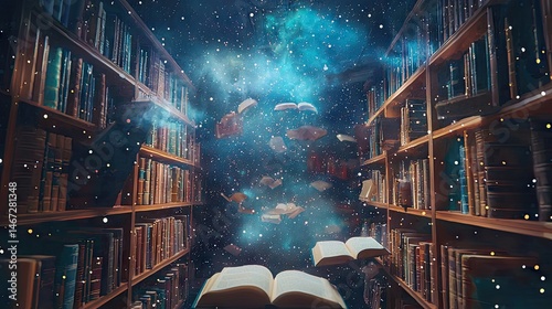 A fantastical library with books floating in cosmic space.