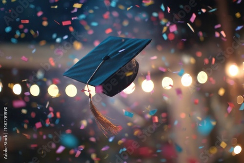 A close-up of a graduation cap being thrown into the air with colorful confetti scattered, the background is soft with bokeh lights