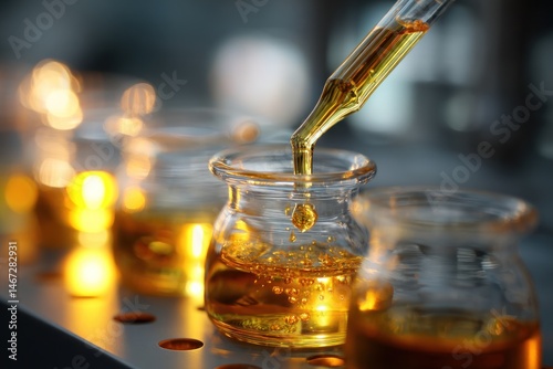 A close-up of liquid chemicals being tested in a modern laboratory with soft lighting, highlighting the purity of the solutions
