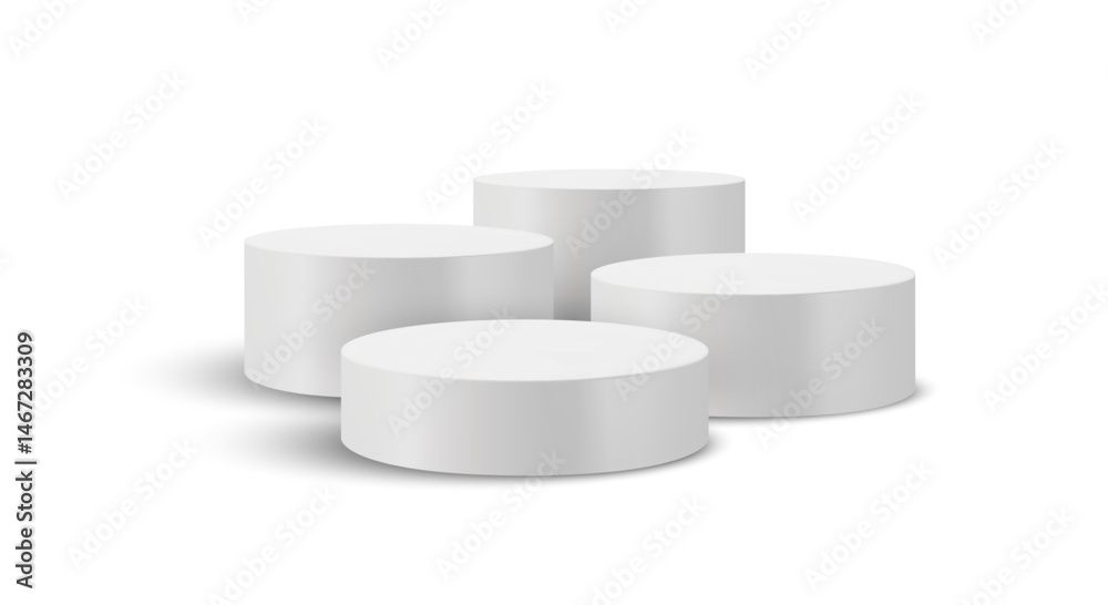 Four Podium platform white product 3D stands. Display cylinder mockup. Round pedestal set in a realistic studio environment for modern showcases. 