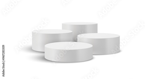 Four Podium platform white product 3D stands. Display cylinder mockup. Round pedestal set in a realistic studio environment for modern showcases. 