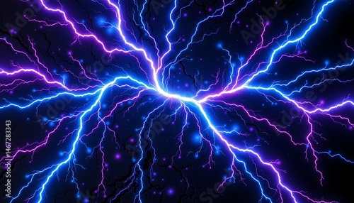 electric light veins â€“ abstract lightning like patterns in neon blue and purple branching across a textured dark surface, with faint glows trailing behind. photo