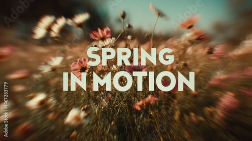 A close-up shot of a gentle breeze sweeping through a field of wildflowers with soft dreamy colors blending together The text 'Spring in Motion' is displayed in bold font