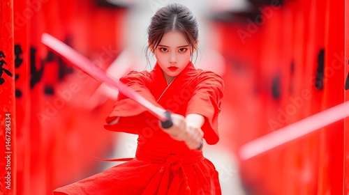 Wallpaper Mural Woman Practicing Martial Arts with Swords in Red Setting Torontodigital.ca