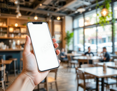 A person holding a smartphone with blank screen inside a cozy café. Background shows a blurred interior with tables and natural lighting.