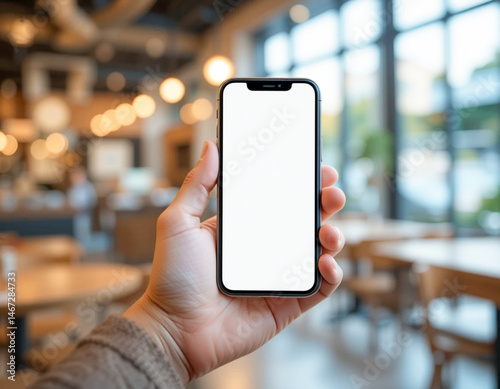 Close-up of a hand holding a mobile phone with a white screen in a trendy coffee shop.