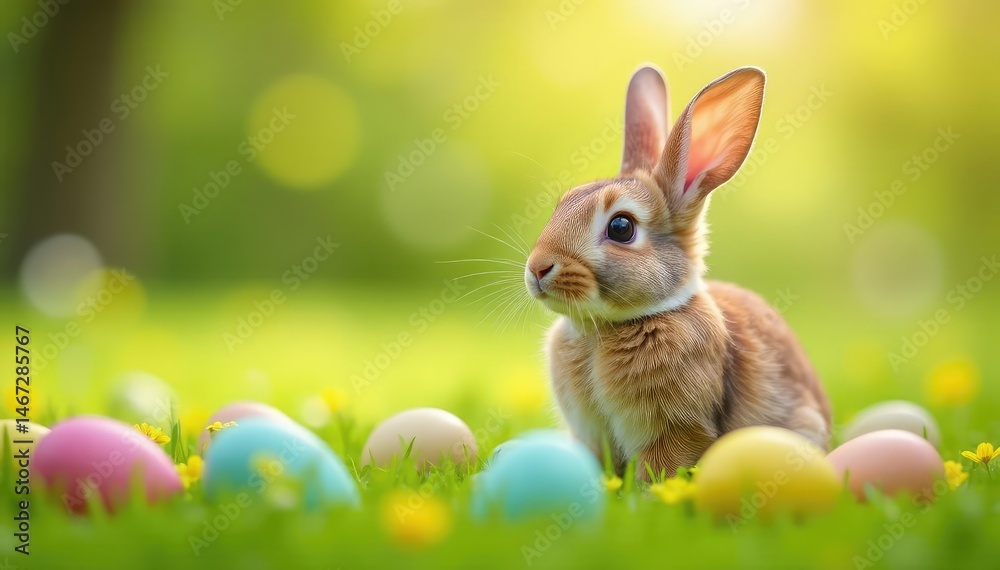 Fototapeta premium Happy Easter bunny in spring meadow, colorful eggs , flowers, bunny ears