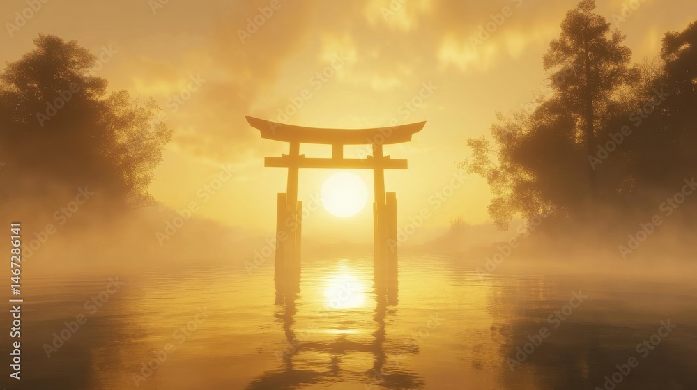 Fototapeta premium Torii Gate Standing Alone in Misty Waters