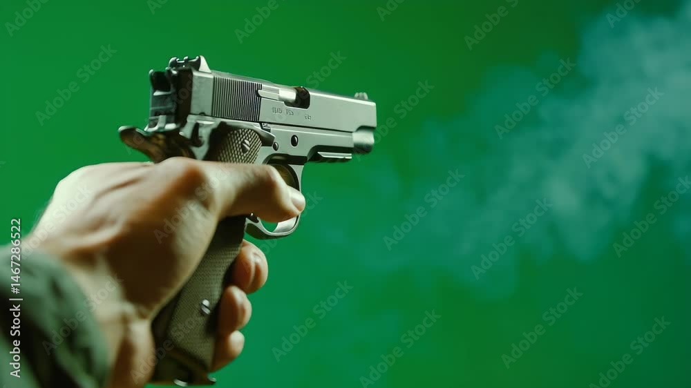 Handgun firing with muzzle flash and smoke on vibrant green backdrop