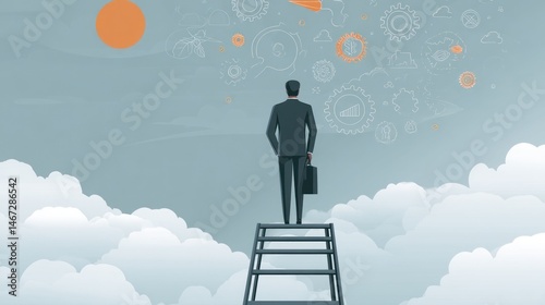 A confident professional standing at the edge of a career ladder, looking at new job opportunities and growth symbols floating in the background