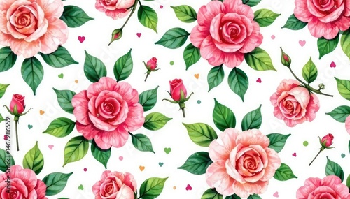Delicate watercolor roses, lush green leaves, seamless repeat , spring, pink