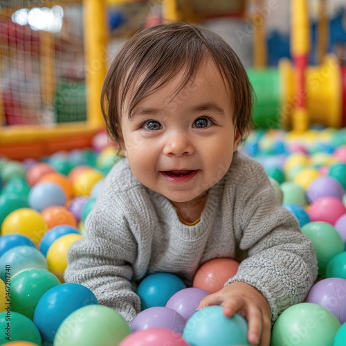 A baby is playing in the ball pool, laughing and reaching out to touch the colorful balls