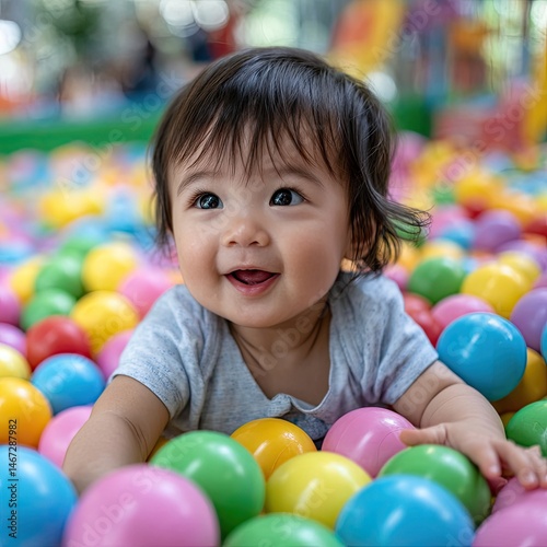 A baby playing in the ball pit at an indoor play center, laughing and reaching out to touch colorful balls.